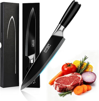 8"/20cm Chef's Knife, Japanese Hand Forged Chefs Knife High Carbon Steel Core with wooden Ergonomic Handle, Gift Box & Knife Sheath (Black)