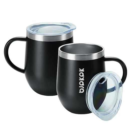 BJPKPK 2 pcs Insulated Coffee Mug, 12 oz Stainless Steel Insulated Coffee Tumbler with Lid for Hot Drinks & Cold Drinks-Black