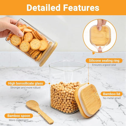 Glass Storage Jars with Lids, 19 Fl.oz Square Glass Jars with Bamboo Lids Set of 4, Clear Sugar Coffee Container Kitchen Canister for Tea, Candy, Flour,Nuts - Included Labels, Marker and Spoon