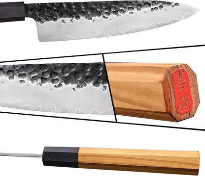 8 Inch Japanese Chef Knife, Hand Forged High Carbon Steel Gyuto Kitchen Knife for Meat Vegetables Cutting, Professional Cooking Knife with Olive Wood Octagonal Handle & Gift Box