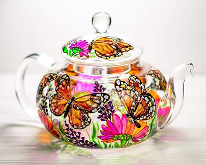 Hand Painted Monarch Butterflies and Flowers Glass Teapot with Removable Infuser, Exclusive Teapot Gift Handmade Mother's Day Gift Idea