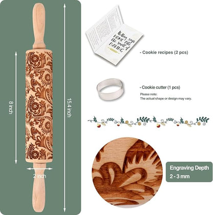 Christmas Embossed Rolling Pin for Baking Cookies Embossing Rolling Pins with Design Wooden Engraved Springerle Roller Pin Dough Snowflake Paisley Patterned Clay Pottery Ceramic Bakers (Floral Frost)