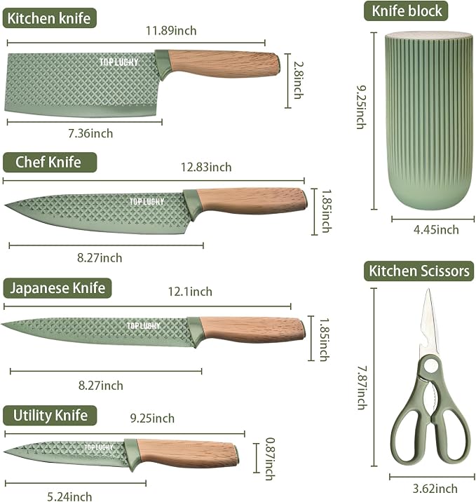 Kitchen Knife Set, Retrosohoo 6 Pieces Green Professional Knife Set with Universal Knife Block, Super Sharp Knife Set with Ergonomic Handle, Non-stick Stainless Steel Knife Block Set(Green)