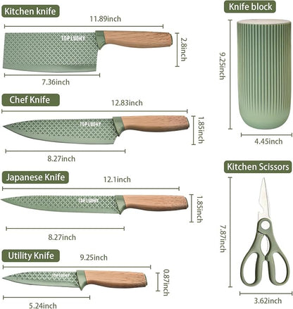 Kitchen Knife Set, Retrosohoo 6 Pieces Green Professional Knife Set with Universal Knife Block, Super Sharp Knife Set with Ergonomic Handle, Non-stick Stainless Steel Knife Block Set(Green)
