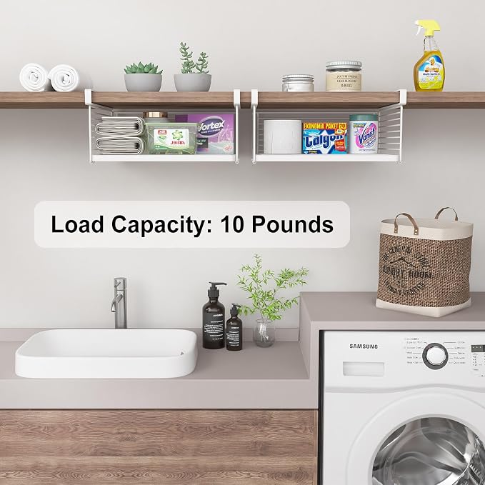 Under Shelf Storage Basket, Hanging Wire Basket with 1.13 Inches Thick Clips for Kitchen, Pantry or Laundry Room, Under Cabinet or Desk Storage Organizer, White, 2 Pack