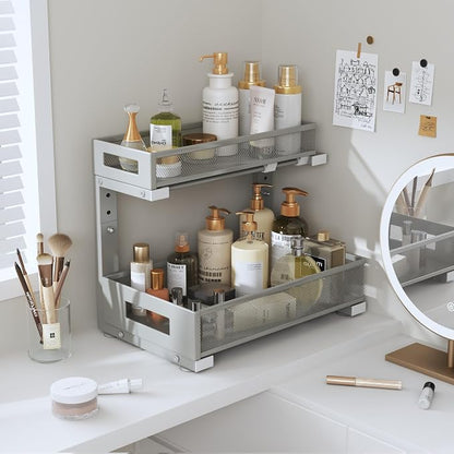 2-Pack Under Sink Storage Organizer, Large 2-Tier Elegant Mesh Pull Out Shelf for Kitchen and Bathroom Cabinet Organization, L-Shaped and Adjustable Height Design-Gun Gray