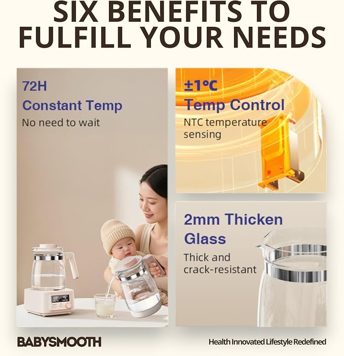 Babysmooth Smart Kettle Pro Glass Electric Kettle, 1.3L Digital LED Kettle with 40-100°C Temperature Control, 72H Auto Keep Warm, Silent Operation, BPA-Free for Baby Formula, Tea & Coffee Brewing
