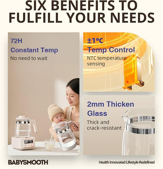 Babysmooth Smart Kettle Pro Glass Electric Kettle, 1.3L Digital LED Kettle with 40-100°C Temperature Control, 72H Auto Keep Warm, Silent Operation, BPA-Free for Baby Formula, Tea & Coffee Brewing