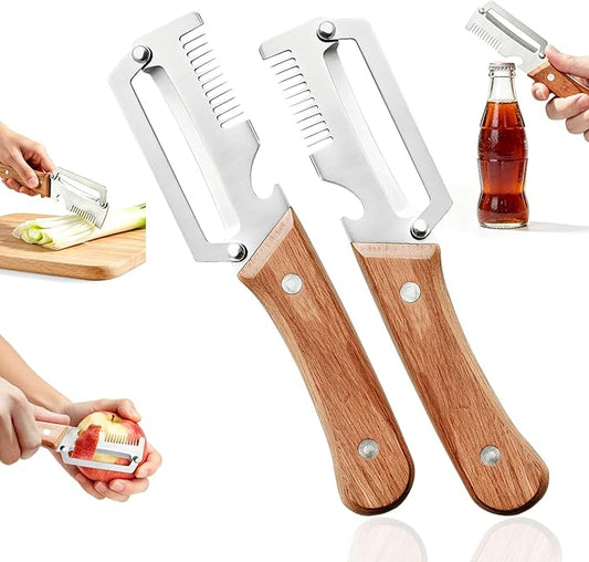 Left & Right Hand Vegetable Peeler Set with Scallion Slicer & Bottle Opener, Heavy-Duty Thick Stainless Steel Blade, Multi-Function Kitchen Peeler with Wooden Handle for Fruits & Vegetables(New 2pcs)
