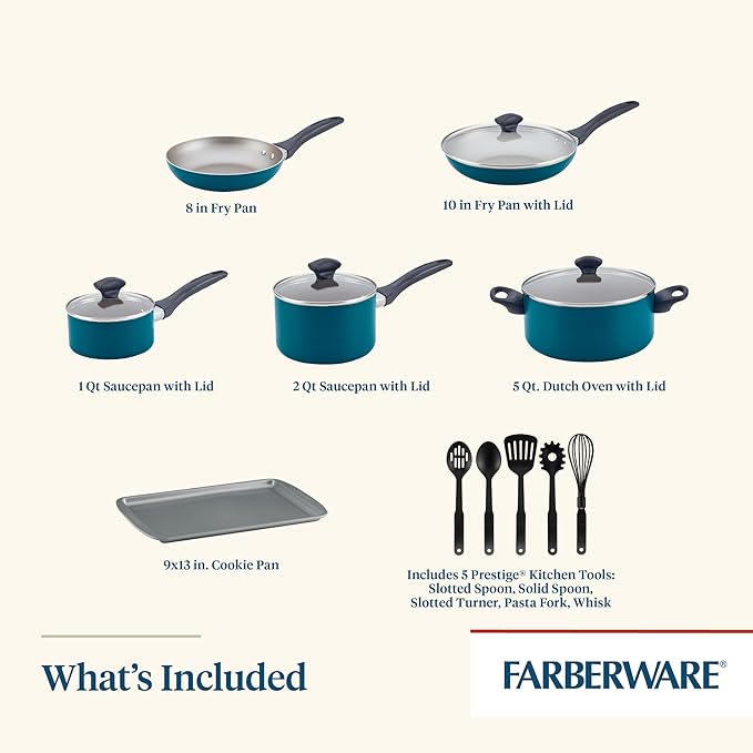 Farberware Dishwasher Safe Aluminum Nonstick Cookware Pots and Pans Set, 15-Piece, Teal