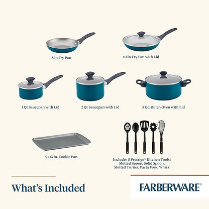 Farberware Dishwasher Safe Aluminum Nonstick Cookware Pots and Pans Set, 15-Piece, Teal