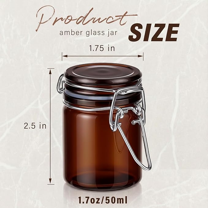 Norme 12 Pack 1.7oz Amber Airtight Mini Glass Jars with Lids, Cylinder Food Storage Container Airtight Food Wire Clip Fastening for Flour Kitchen Sugar Cereal Kitchen Canning Pickling Mason Jars