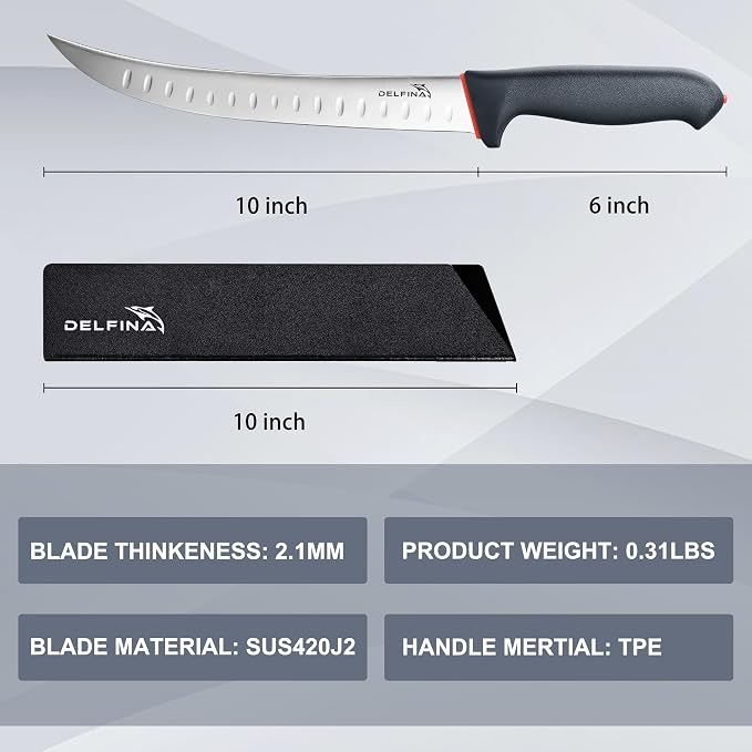 DELFINA Curved Breaking Knife 10 inch W/Sheath & SoftGrip Handle, Butcher Breaking Knife For Meat Cutting, High Carbon Japanese Steel