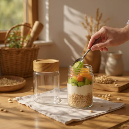 6-Pack 8 fl oz Stackable Airtight Glass Jars (with Acacia Wood Lids + Sticker Labels) – Small Mason Jars designed for overnight oats, spices, dry goods, and kitchen organization.