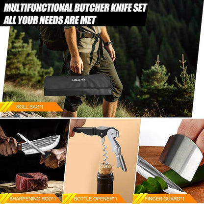 MDHAND Butcher Knife Set, Hand Forged Serbian Chef Knife Set with Roll Bag, Heavy Duty Meat Cleaver Knives, Boning Knife, Meat Cutting Knife for Home Kitchen & Camping BBQ, Gifts for Men Women