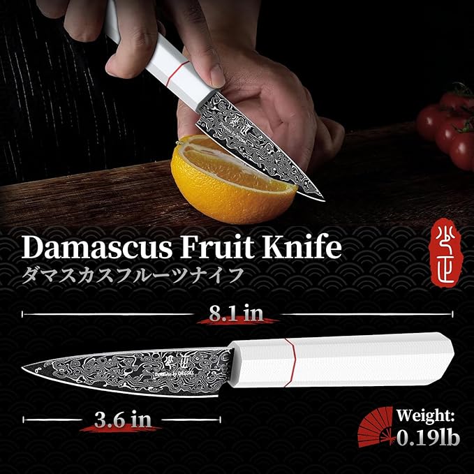 DRGSKL Damascus Fruit Knife 3.5 inch - VG10 Paring Knife for Precision Cutting - Small Kitchen Knives with Japanese G10 Handle - In Gift Box