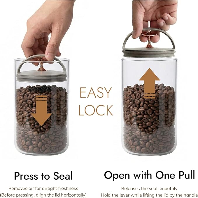carrotez 6.3 Cup Vacuum Sealed Coffee Bean Container, Ecozen Plastic Airtight Food Storage Canister with Easy-Release Lever, Durable Space-Saving Design for Kitchen Countertop – 50.7 fl oz (1.5L)