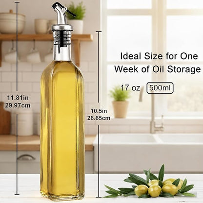 WERTIOO Olive Oil Dispenser Bottle 4Pack, 17oz Oil and Vinegar Dispenser Set, Glass Oil Dispenser for Kitchen with 4 Plastic Pourer, 2 Stainless Steel Funnel, 1 Pen and 8 Label for Kitchen