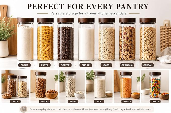 Wide Mouth Glass Storage Jars With 3" Acacia Wood Lids - 4 Pack of 16.9 Oz Airtight Food Storage Containers - Borosilicate Glass Canisters for Kitchen - Pantry Organizers Storage for Flour Rice Coffee