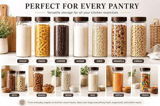 Wide Mouth Glass Storage Jars With 3" Acacia Wood Lids - 4 Pack of 16.9 Oz Airtight Food Storage Containers - Borosilicate Glass Canisters for Kitchen - Pantry Organizers Storage for Flour Rice Coffee