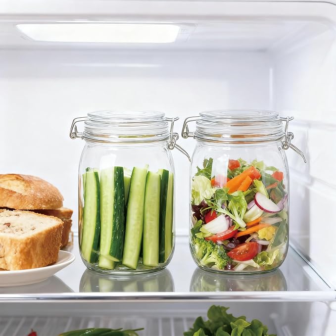 Flrolove Glass Kitchen Storage Canister Mason Jars with Lids,32oz Airtight Glass Canister with Hinged Lid，Perfect for Kitchen Canning Cereal,Pasta,Sugar,Beans (Labels & Chalk Marker)-Set of 4