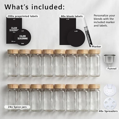 Deco haus Glass Spice Jars with Bamboo lids 24 x 4oz [LABELS incl] Spice Containers with 280 Labels, Funnel & Chalk Marker - Empty Herb Seasoning Containers, Small Seasoning Bottles for Herb