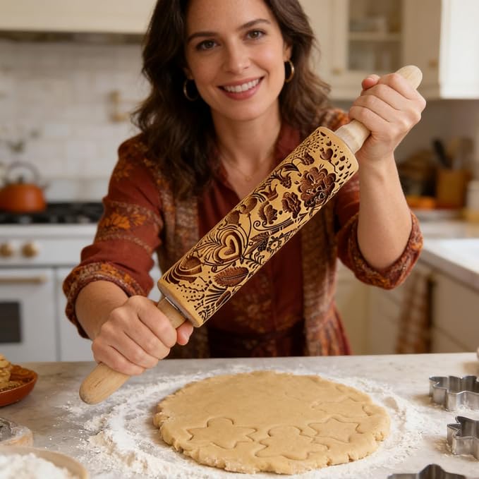 2 Pack Wooden Embossed Rolling Pin with Handles, Hardwood Dough Roller with Engraved Patterns, Kitchen Essential for Baking Pizza, Pies, Pastry, Cookies & Decorative Dough