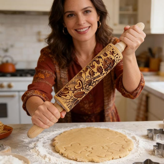2 Pack Wooden Embossed Rolling Pin with Handles, Hardwood Dough Roller with Engraved Patterns, Kitchen Essential for Baking Pizza, Pies, Pastry, Cookies & Decorative Dough