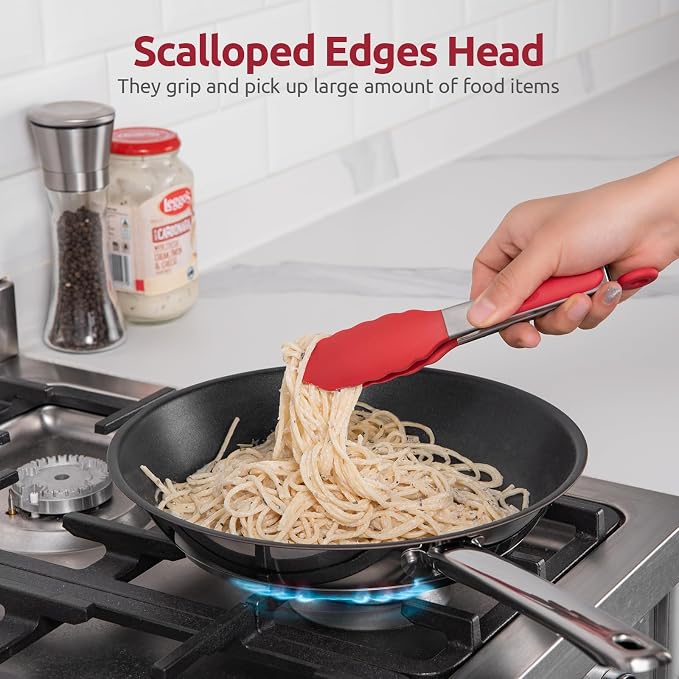 480ºF Heat Resistant Kitchen Tong: U-Taste 7 inch Silicone Cooking Tong with Firm Sealed Non Stick Rubber Tips & Silicon Coated 18/8 Stainless Steel Handle & Smooth Locking for Serving Salad (Red)