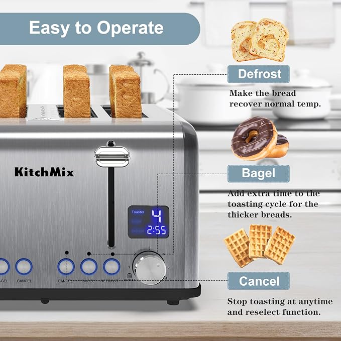 Toaster 4 Slice, KitchMix Bagel Stainless Toaster with LCD Timer, Extra Wide Slots, Dual Screen, Removal Crumb Tray (Stinless steel)