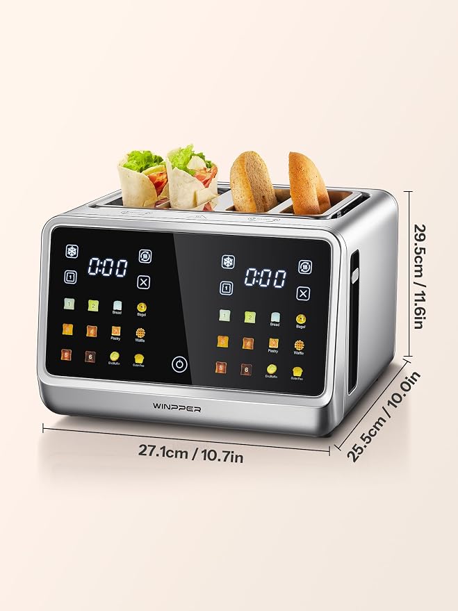 4 Slice Touchscreen Toaster, Digital Display Stainless Steel Toaster with Extra Wide Slots, 6 Shade Settings, Defrost Reheat Cancel Functions, Removable Crumb Tray