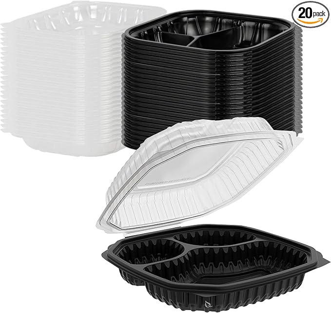 EcoQuality 9x9x3 Inch 3 Compartment Black Hinged Takeout Containers with Clear Lids Food Storage Clamshell for Meal Prep, Restaurant, Catering, and Takeout Packaging (20)