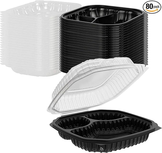 EcoQuality 9x9x3 Inch 3 Compartment Black Hinged Takeout Containers with Clear Lids Food Storage Clamshell for Meal Prep, Restaurant, Catering, and Takeout Packaging (80)