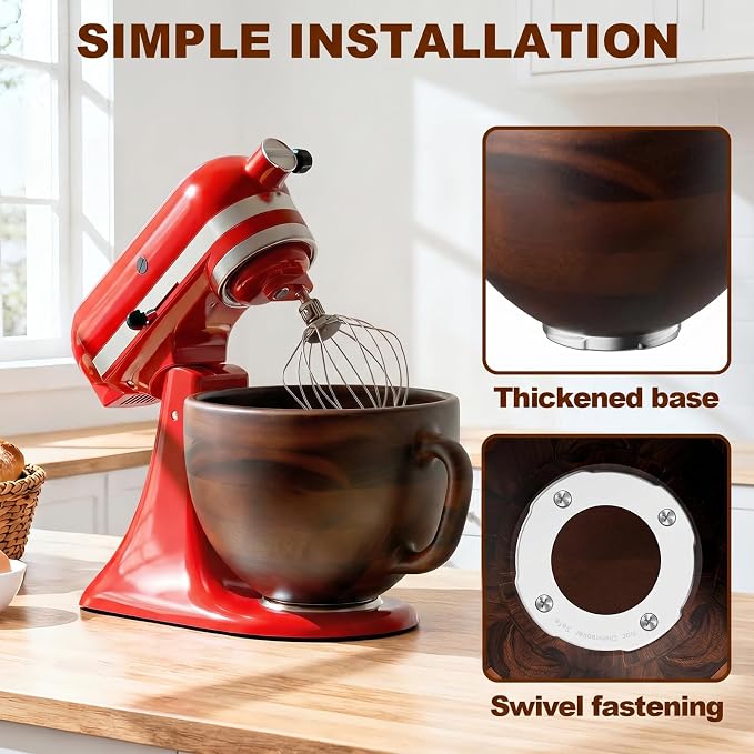 Cofun Premium Wood Mixing Bowl, Compatible with 4.5-5 Qt Tilt-Head Stand Mixers, Natural True Wooden Bowls, 5 Qt Wooden Bowl for KitchenAid with Stainless Steel Locking Base, Handle