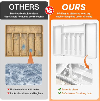 RoomHacks Large Silverware Organizer,Expandable Utensil Drawer Organizer,BPA Free Utensil Holder,Adjustable Silverware Tray Cutlery Drawer Organizer for Kitchen Flatware,Large,White,2 Pack
