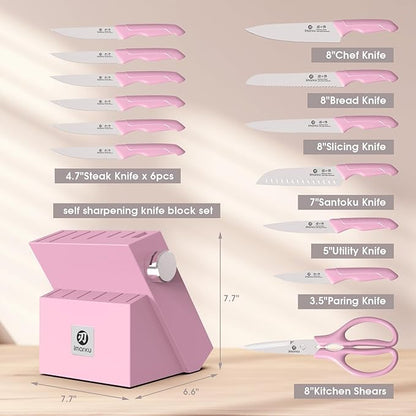 imarku Pink Kitchen Knife Set - 14-Piece Stainless Steel Knife Set with Block and Build-in Sharpener, Gift for Women, Anti-Slip Handle, Dishwasher Safe