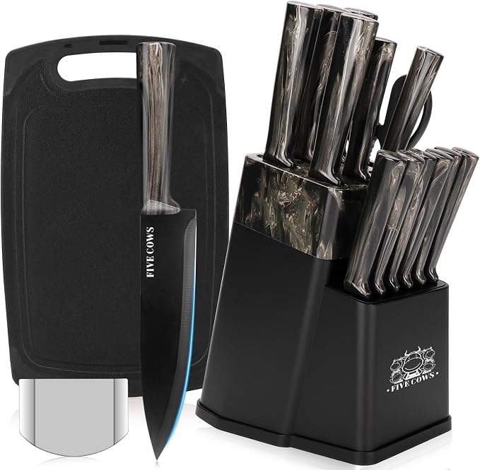 16-Piece Kitchen Knife Block Set with Cutting Board - German Stainless Steel Knives, Built-In Sharpener, Dishwasher Safe, Anti-Slip Handle - All-in-One Cutlery Set for Home/Kitchen (Black)