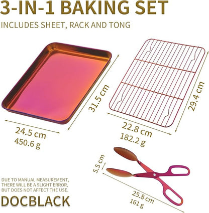 DOCBLACK Baking Sheet with Wire Rack Set and BBQ Tong, Stainless Steel Cookie Sheet Baking Tray & Cooling Rack & 26cm Food Tong for Cooking and Oven, Dishwasher Safe-Sunset Red