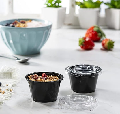ELEGANT DISPOSABLES (4 oz - 100 Sets) Black Diposable Plastic Portion Cups With Lids, Small Mini Containers For Portion Controll, Jello Shots, Meal Prep, Sauce Cups, Condiments, Medicine, Dressings,