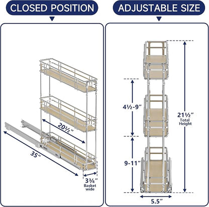 5" W x 20.5" D 3-Tier Pull Out Spice Rack Organizer, Solid Wood Base Slide Out Cabinet Shelf for Narrow Kitchen Cabinets, Chrome Pantry Storage