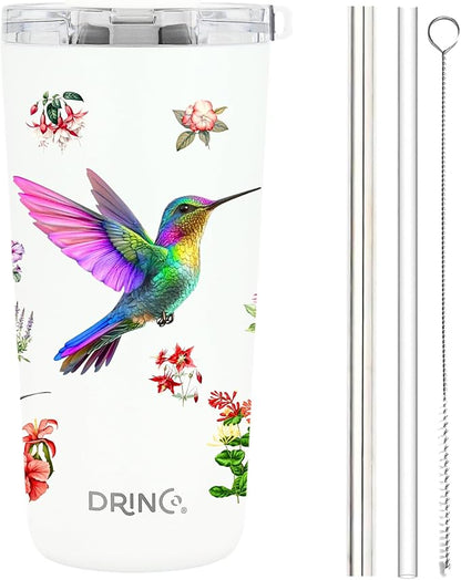 Drinco - 20 oz Stainless Steel Tumbler | Double Walled Vacuum Insulated Mug With Lid, 2 Straws, For Hot & Cold Drinks (20oz Hummingbird)