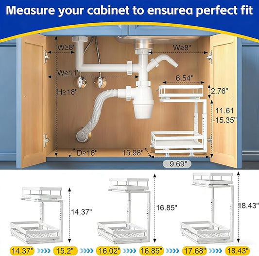 Under Sink Organizer, Dual-Rail Ball-Bearing, Under Kitchen Sink Organizer, 6-Level Adjustable, Under Cabinet Organizer, No-Drill Adhesive/Suction, Under Sink Storage (White, Double Layer - 1 Pack)