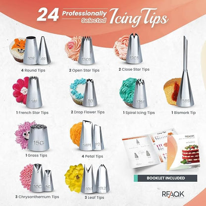 RFAQK 150PCs Cake Pan Set for Baking + Cake Decorating Supplies: 3 Round Non Stick Springform Pan Set (4, 7, 9 inches),24 Icing Tips,Cake Leveler–Multi-functional Leak-Proof Cake Pans & eBook