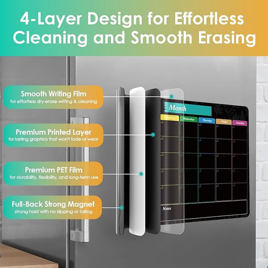 MaxGear Black Magnetic Calendar for Refrigerator, 16x12 Monthly and Weekly Dry Erase Fridge Whiteboard, Menu Schedule Planner Board, to-Do List, Notepad with 7 Markers,1 Eraser, and 1 Shopping List