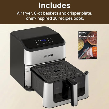 Air Fryer Pro 8 Qt, 8-in-1 Air Fryer with Viewing Window, 360° Rapid Air, 1500W, 80% Less Oil, Nonstick Dishwasher-Safe Basket, PFAS & Teflon-Free, 180°F-400°F, Recipe Book, Black