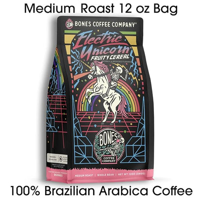 Bones Coffee Company Electric Unicorn, Fruity Cereal With Milk Flavored Coffee, Medium Roast Low Acid Arabica Beans Compatible with Auto drip and French Press Coffee Maker, 12 Oz Ground