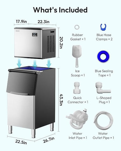 EUHOMY Commercial Ice Maker Machine, 450 lbs/24H Industrial Ice Machine with 250 lbs Storage Bin, ETL Approved Stainless Steel Clear Ice Maker for Bar, Cafe & Restaurant