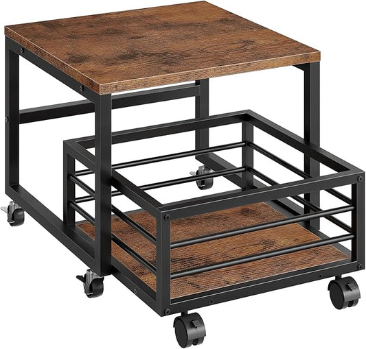 HOOBRO End Table, Mini Fridge Stand with Storage, Mini Fridge Table with Wheels and Adjustable Feet, Sturdy Metal Frame, for Living Room, Bedroom, Office, Rustic Brown and Black BF155TL01