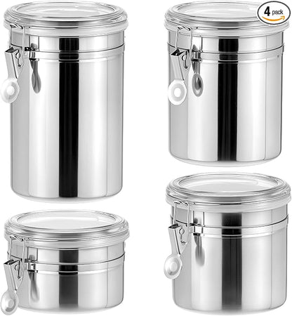 QWORK 4 Pack Stainless Steel Kitchen Storage Canister, Airtight Flour Clamp Canister, 26oz, 36oz, 47oz, 62oz