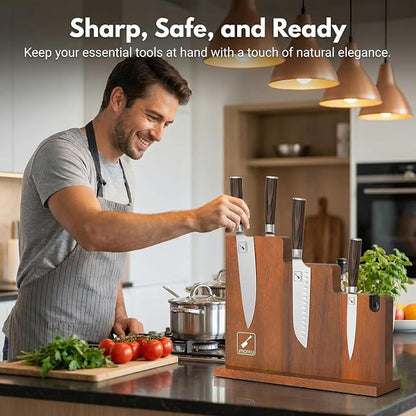 imarku Magnetic Knife Block Holder, 13 x 10 Inches, imarku Magnetic Knife Holder Rack for Kitchen Counter, Double Sided Magnet Knife Storage Stand with Knife Sharpener, Stepped Block